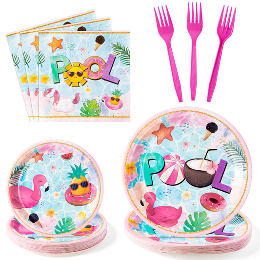 G1ngtar 96Pcs Summer Pool Plates Supplies - Beach Ball Tableware Decorations Pink Flamingos Disposable Paper Plates Napkins Forks for Kids Hawaiian Birthday Baby Shower, Serves 24 Guests