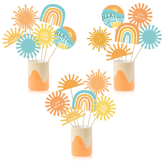 G1ngtar 30Pcs Here Comes The Son Party Centerpiece for Table Toppers Retro Hippie Bohemian Photo Props Sticks Muted Sun Rainbow Table Decor First Trip Around the Sun Birthday Decoration Baby Shower