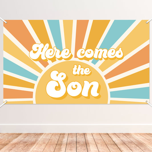 G1ngtar Here Comes the Son Baby Shower Backdrop Banner Boho Sun Retro Muted Sunrise Fabric Wall Hanging Decor Birthday Party Photo Background First Trip Around the Sun Decorations Supplies for Boys