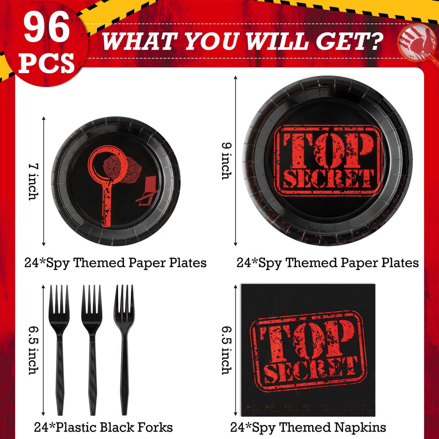 G1ngtar 96Pcs Top Secret Party Plates Supplies Secret Agent Spy Detective Party Tableware Decorations Escape Room Disposable Paper Plates Napkins Forks for Birthday Activities Halloween, Serves 24