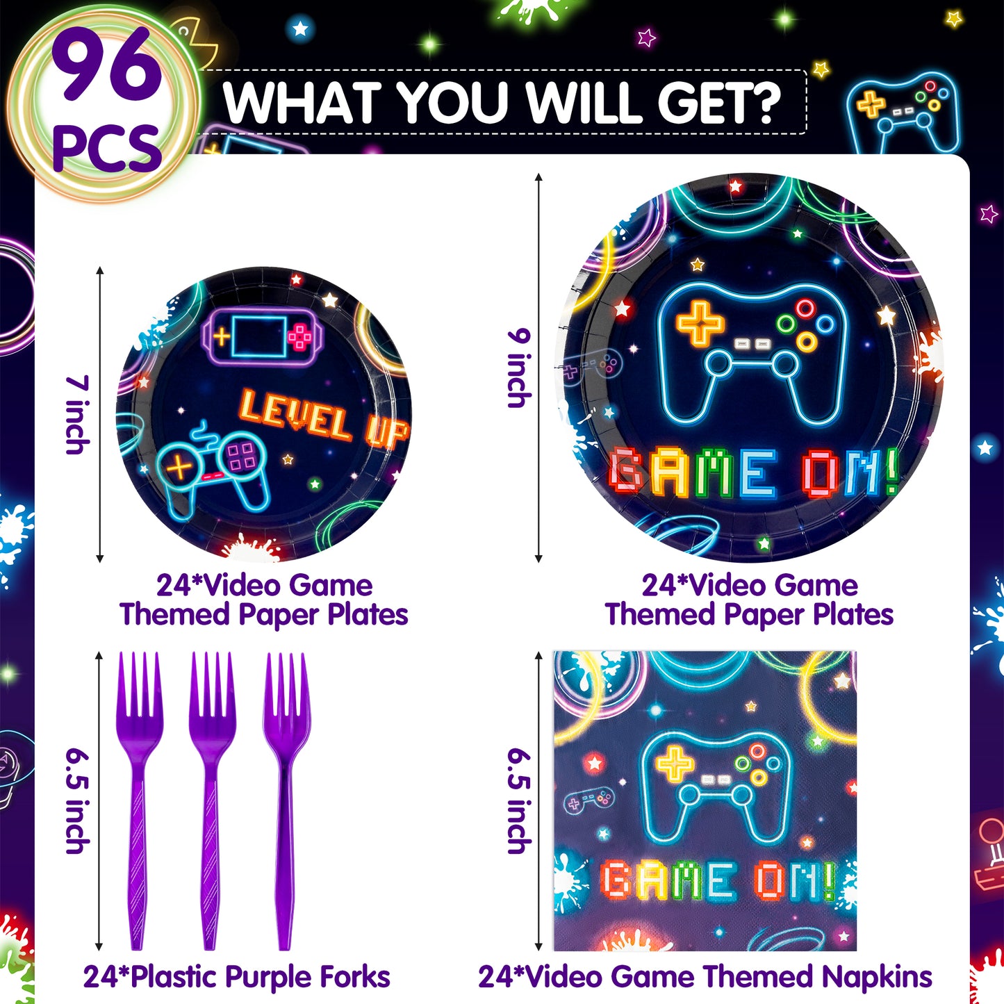 G1ngtar 96Pcs Video Game Party Plates Supplies Neon Game On Party Tableware Decorations Glow In The Dark Cool Disposable Paper Plates Napkins Forks for Kids Gamer Birthday, Serves 24 Guests