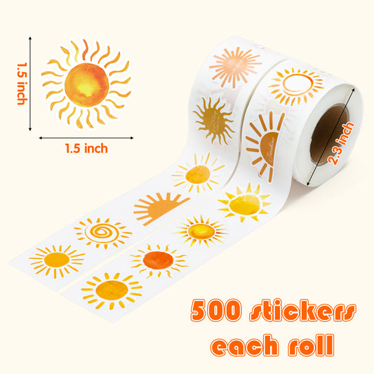 G1ngtar 1000Pcs Boho Sun Stickers Roll, First Trip Around the Sun Assorted Design Muted Sunshine Self Adhesive Labels Decal 16 Styles Baby Shower Birthday Party Supplies Decoration Envelope Seals