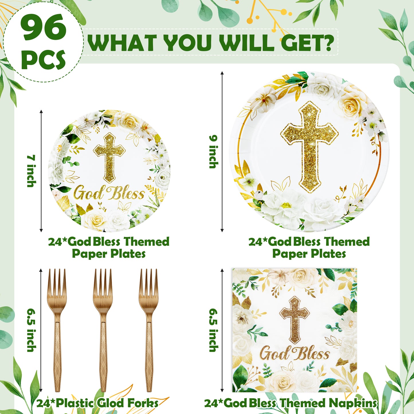 G1ngtar God Bless Flower Plates - 96Pcs Party Plates Supplies Baptism Tableware White Floral Religious First Holy Communion Disposable Paper Plates Napkins Forks for Christening Baby Shower, Serves 24