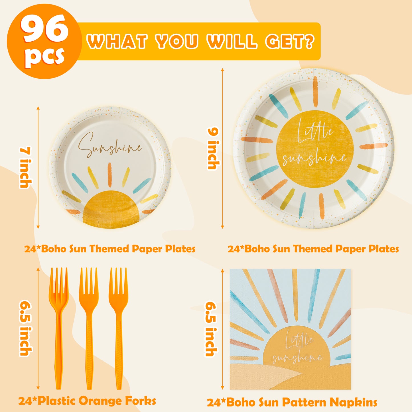 G1ngtar 96Pcs Retro Boho Sun Sunshine Party Tableware Set - Include Paper Plates Napkins Forks, Here Comes The Son First Trip Around the Sun Theme Disposable Party Supplies for Baby Shower Birthday