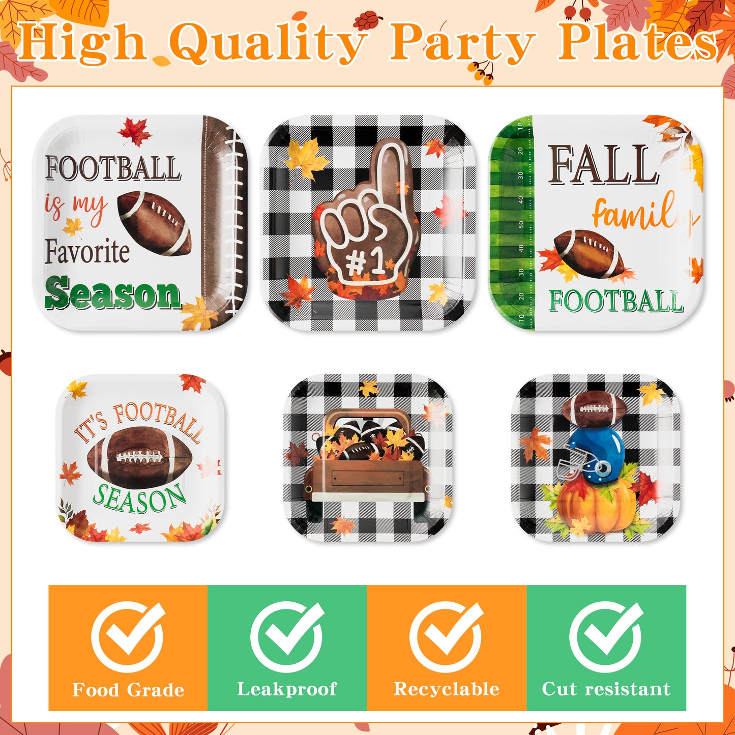 G1ngtar 96Pcs Fall Football Party Plates Supplies - Thanksgiving Autumn Party Tableware Decorations Maple Farmhouse Rustic Disposable Paper Plates Napkins Forks for Kid Birthday Sport Game, Serves 24