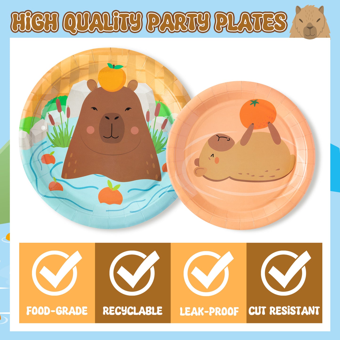 G1ngtar 96Pcs Capybara Party Plates Supplies - Cute Cartoon Capybara Party Tableware Decorations Animal Orange Disposable Paper Plates Napkins Forks for Kids Birthday Baby Shower, Serves 24 Guests