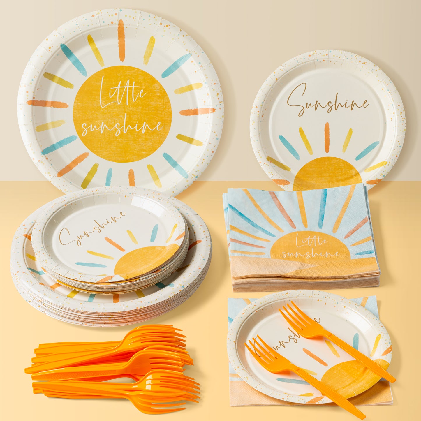 G1ngtar 96Pcs Retro Boho Sun Sunshine Party Tableware Set - Include Paper Plates Napkins Forks, Here Comes The Son First Trip Around the Sun Theme Disposable Party Supplies for Baby Shower Birthday