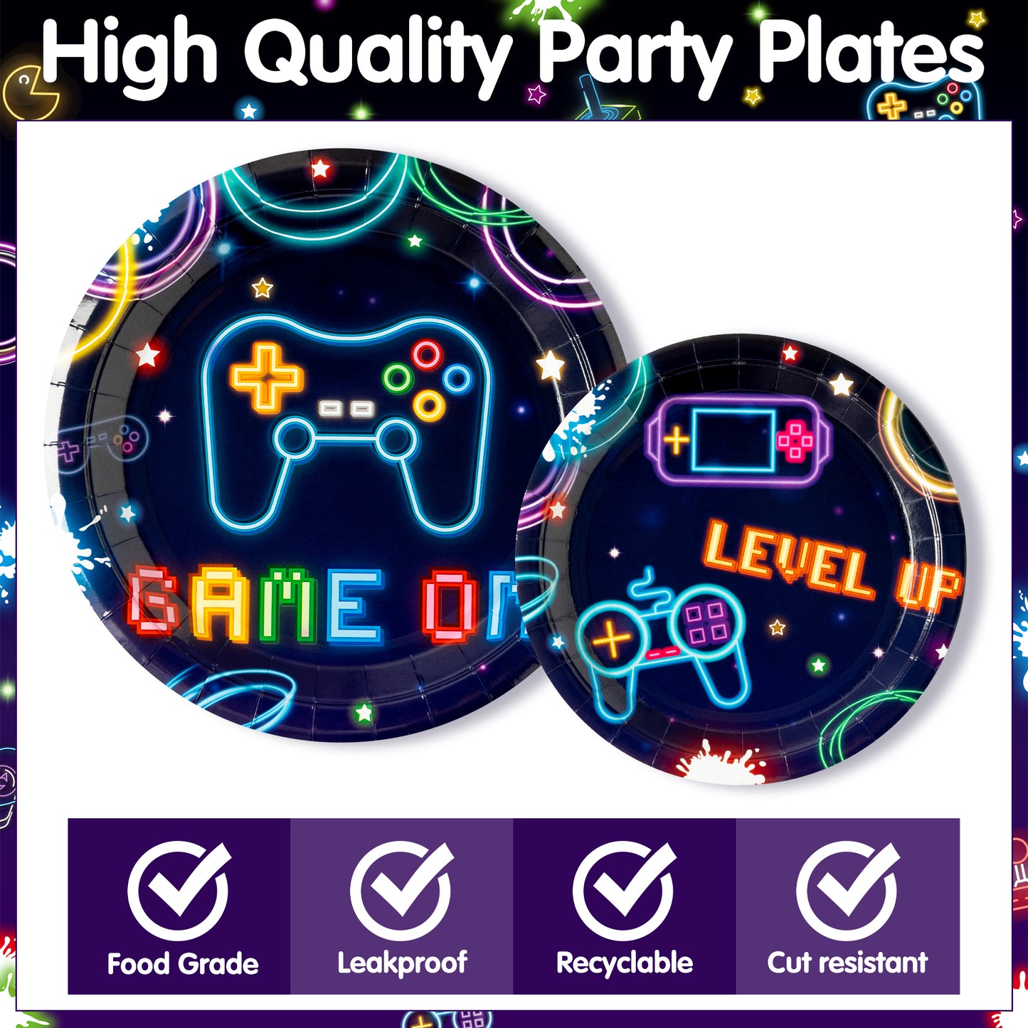 G1ngtar 96Pcs Video Game Party Plates Supplies Neon Game On Party Tableware Decorations Glow In The Dark Cool Disposable Paper Plates Napkins Forks for Kids Gamer Birthday, Serves 24 Guests