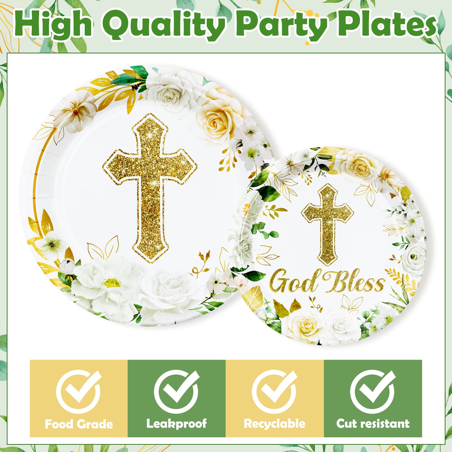 G1ngtar God Bless Flower Plates - 96Pcs Party Plates Supplies Baptism Tableware White Floral Religious First Holy Communion Disposable Paper Plates Napkins Forks for Christening Baby Shower, Serves 24