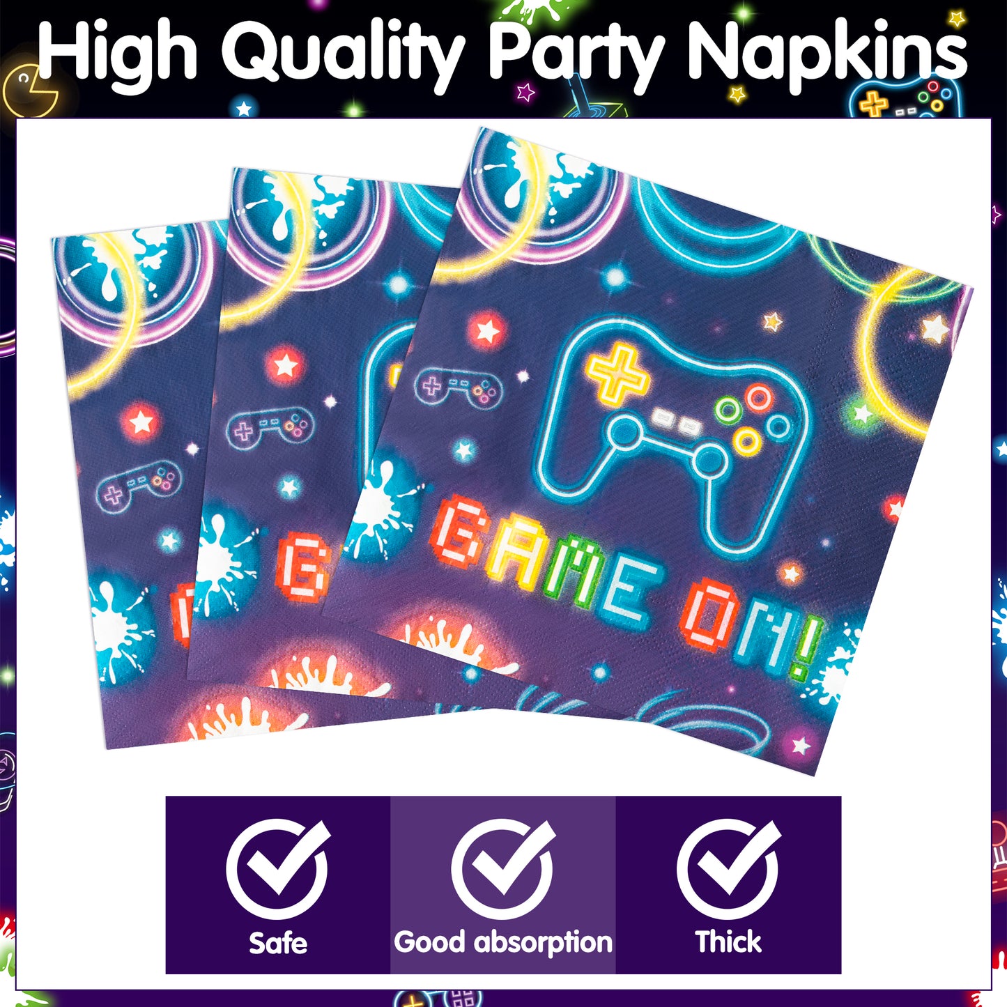 G1ngtar 96Pcs Video Game Party Plates Supplies Neon Game On Party Tableware Decorations Glow In The Dark Cool Disposable Paper Plates Napkins Forks for Kids Gamer Birthday, Serves 24 Guests