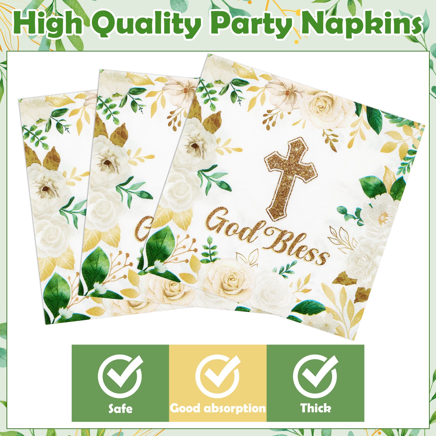 G1ngtar God Bless Flower Plates - 96Pcs Party Plates Supplies Baptism Tableware White Floral Religious First Holy Communion Disposable Paper Plates Napkins Forks for Christening Baby Shower, Serves 24