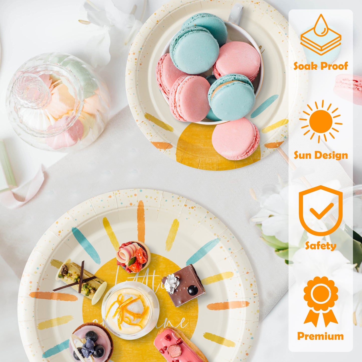 G1ngtar 96Pcs Retro Boho Sun Sunshine Party Tableware Set - Include Paper Plates Napkins Forks, Here Comes The Son First Trip Around the Sun Theme Disposable Party Supplies for Baby Shower Birthday