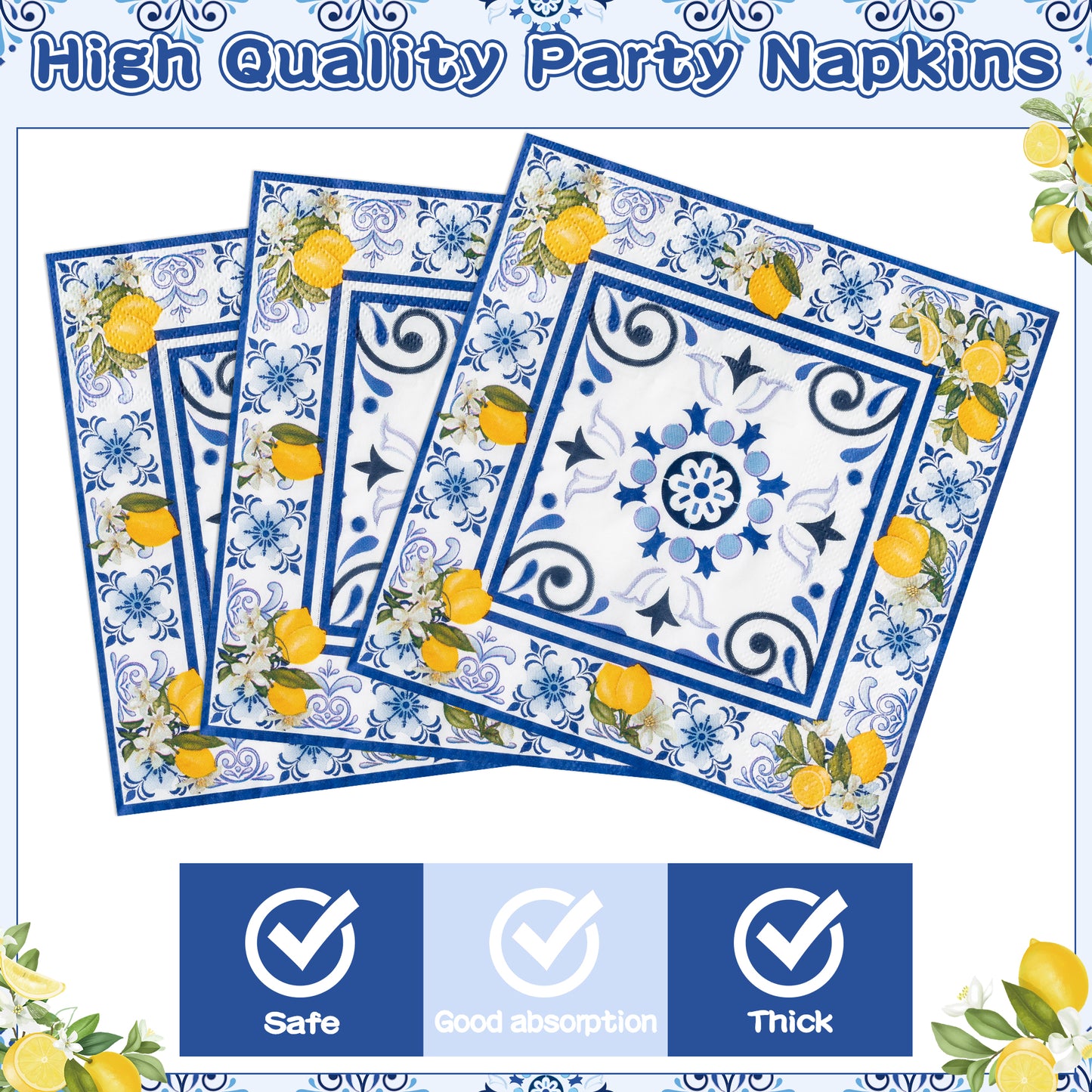 G1ngtar 96Pcs Capri Lemon Party Plates Supplies Blue Tiles Yellow Lemon Party Tableware Decorations Summer Citrus Fruit Disposable Paper Plates Napkins Forks for Kids Birthday Baby Shower, Serves 24