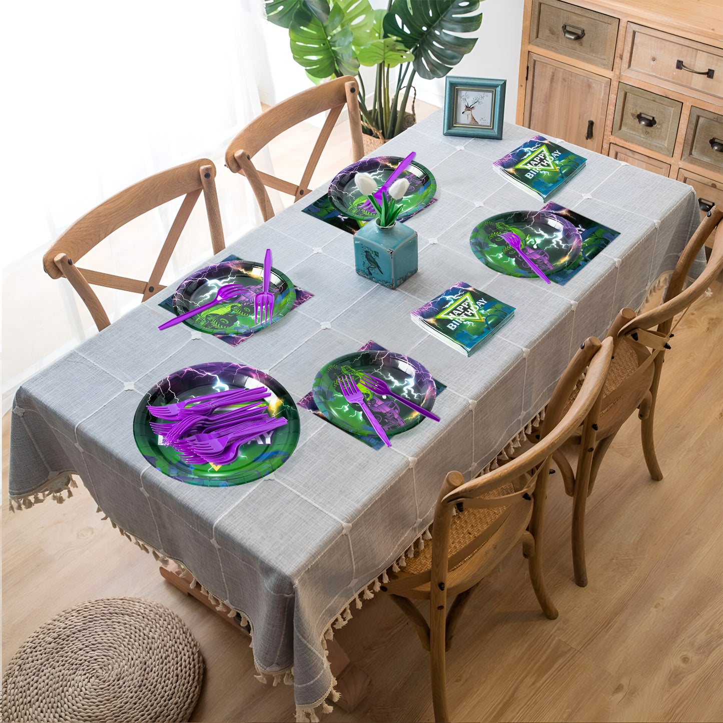 G1ngtar 96Pcs Monster Truck Party Plates Supplies Happy Birthday Green Purple Monster Truck Party Tableware Decorations Disposable Paper Plates Napkins Forks for Kids Birthday Baby Shower, Serves 24