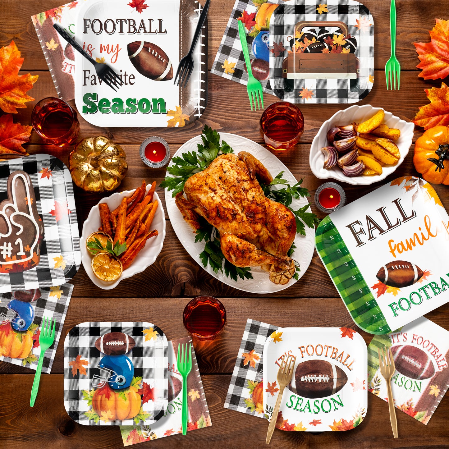 G1ngtar 96Pcs Fall Football Party Plates Supplies - Thanksgiving Autumn Party Tableware Decorations Maple Farmhouse Rustic Disposable Paper Plates Napkins Forks for Kid Birthday Sport Game, Serves 24