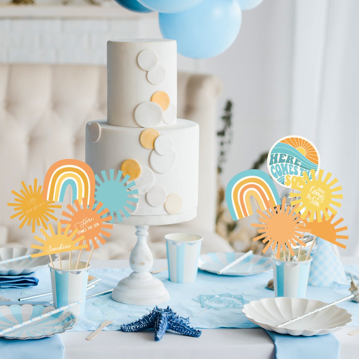 G1ngtar 30Pcs Here Comes The Son Party Centerpiece for Table Toppers Retro Hippie Bohemian Photo Props Sticks Muted Sun Rainbow Table Decor First Trip Around the Sun Birthday Decoration Baby Shower