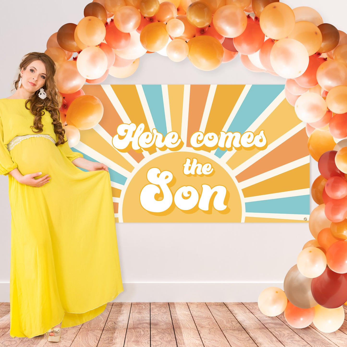 G1ngtar Here Comes the Son Baby Shower Backdrop Banner Boho Sun Retro Muted Sunrise Fabric Wall Hanging Decor Birthday Party Photo Background First Trip Around the Sun Decorations Supplies for Boys