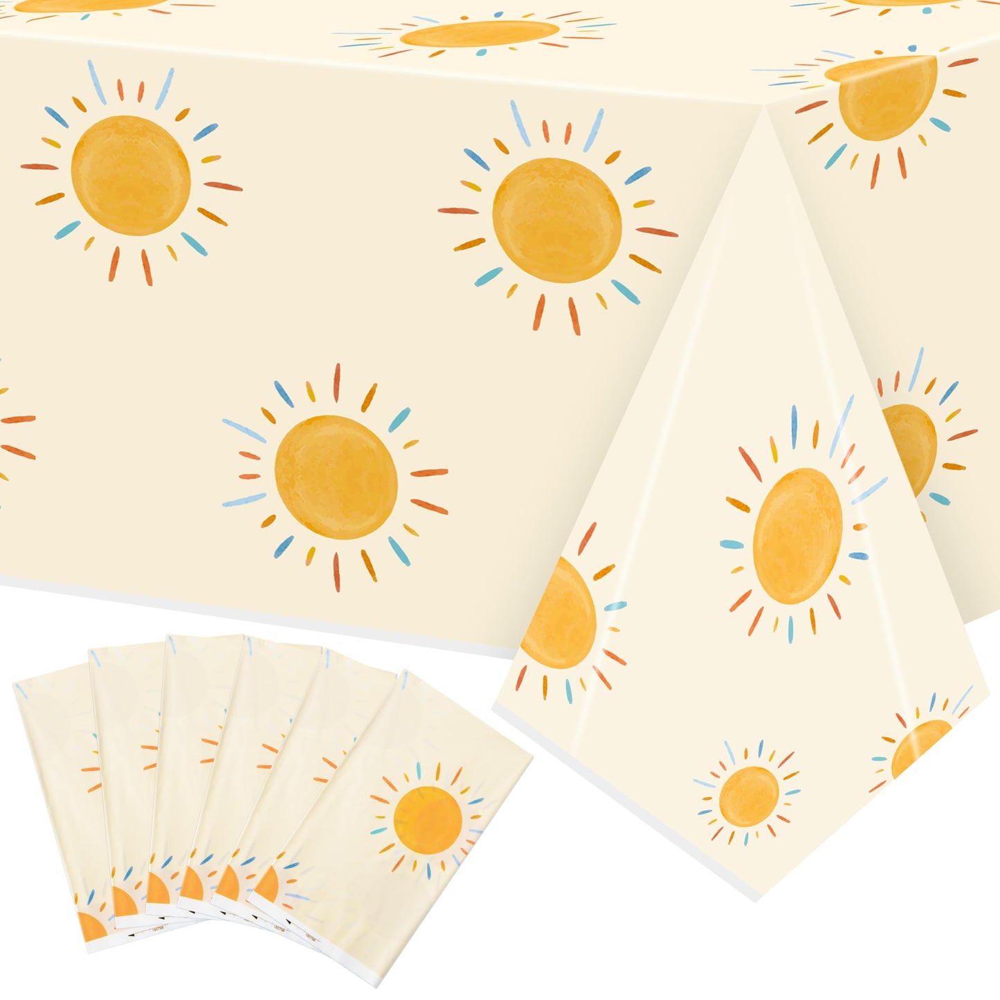 G1ngtar 6Pcs Retro Boho Sun Birthday Here Comes The Son Party Tablecloths Disposable Plastic Waterproof Rectangular Table Covers First Trip Around The Sun Party Decorations Supplies, 86.6"x51.2"