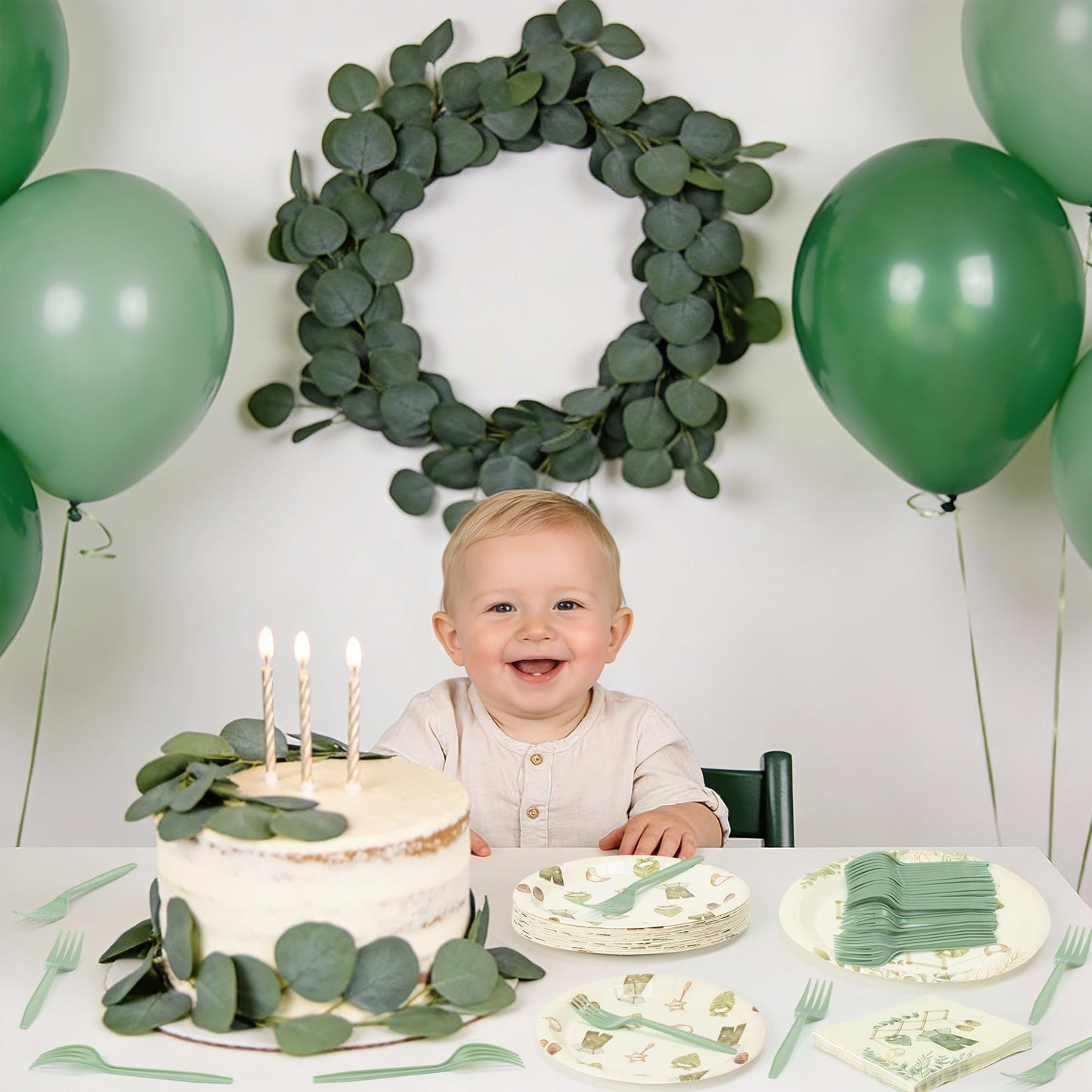 G1ngtar 96Pcs Sage Green Eucalyptus Baby Shower Party Plates Supplies Greenery Leaves Baby Boy Tableware Decorations Disposable Paper Plates Napkins Forks for Kids Birthday Gender Reveal, Serves 24