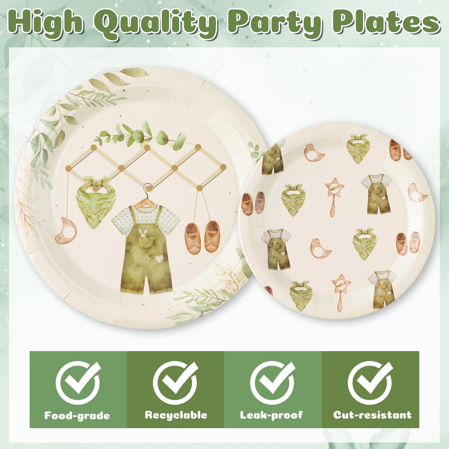 G1ngtar 96Pcs Sage Green Eucalyptus Baby Shower Party Plates Supplies Greenery Leaves Baby Boy Tableware Decorations Disposable Paper Plates Napkins Forks for Kids Birthday Gender Reveal, Serves 24