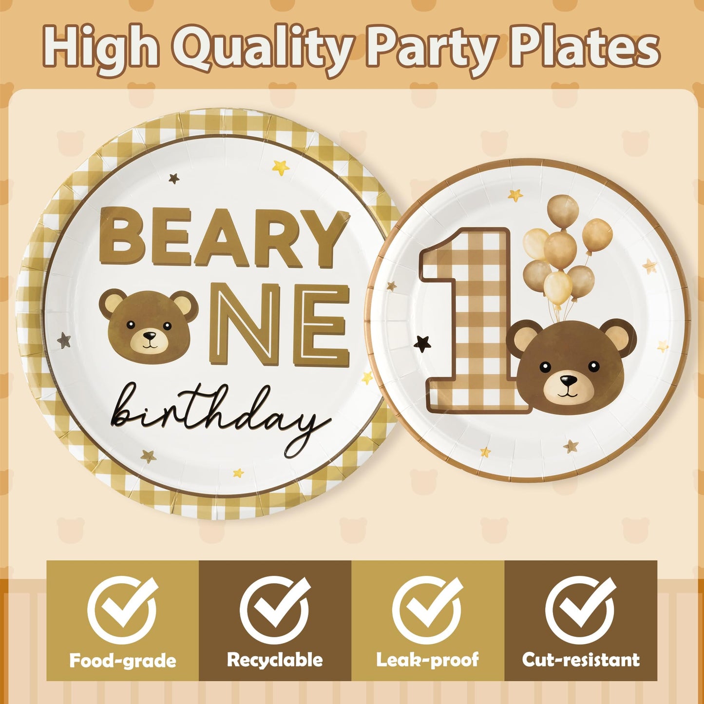 G1ngtar 96Pcs Beary One First 1st Year Brown Birthday Party Plates Supplies - Party Tableware Decorations Disposable Paper Plates Napkins Forks for Birthday Gender Reveal Baby Shower, Serves 24