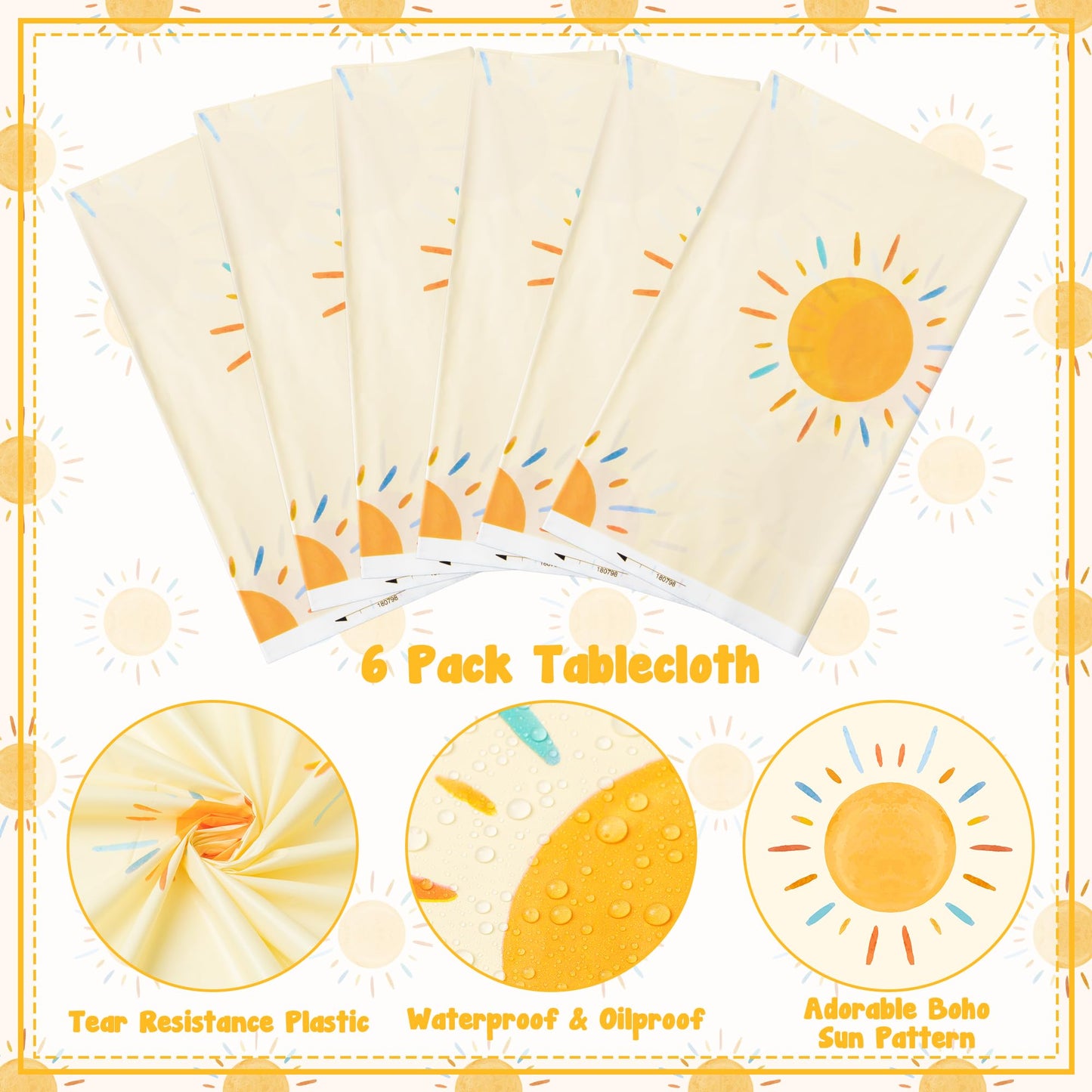 G1ngtar 6Pcs Retro Boho Sun Birthday Here Comes The Son Party Tablecloths Disposable Plastic Waterproof Rectangular Table Covers First Trip Around The Sun Party Decorations Supplies, 86.6"x51.2"