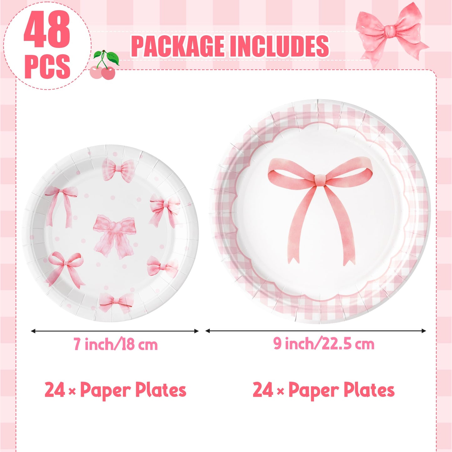 G1ngtar 48Pcs Coquette Pink Bow Paper Plates - 9 Inch and 7 Inch Disposable Paper Plates Set Cute Party Supplies Dessert Dinner Tableware Decoration for Girl Bachelorette Bridal Engagement Birthday
