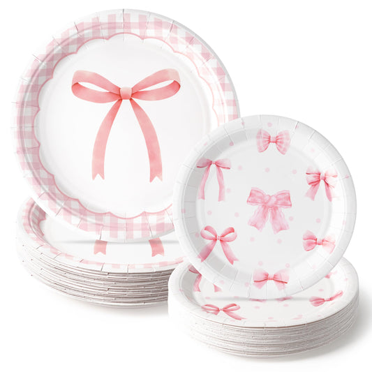 G1ngtar 48Pcs Coquette Pink Bow Paper Plates - 9 Inch and 7 Inch Disposable Paper Plates Set Cute Party Supplies Dessert Dinner Tableware Decoration for Girl Bachelorette Bridal Engagement Birthday