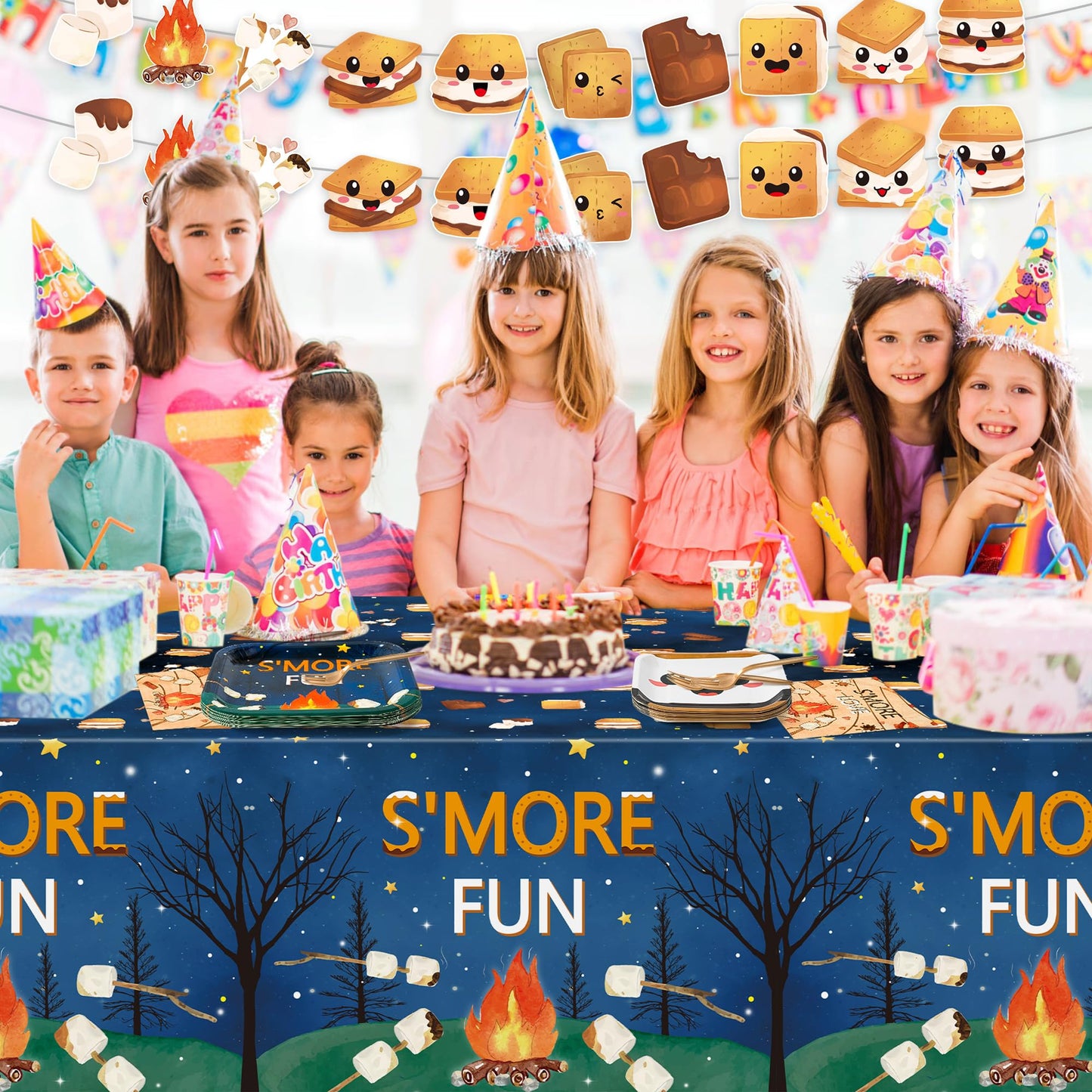 G1ngtar 3Pcs S’Mores Camping Love Fun Party Tablecloths Disposable Plastic Waterproof Rectangular Table Covers Camp Night Campfire Christmas Baby Shower Party Decoration Supplies, 86.6"x51.2"