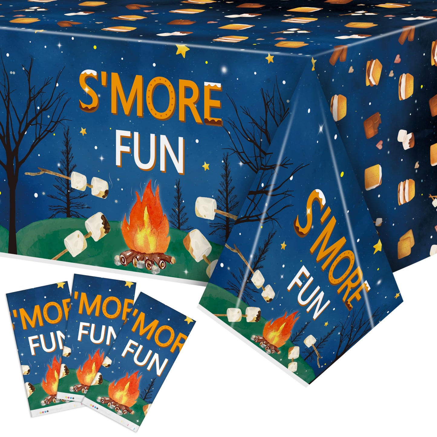 G1ngtar 3Pcs S’Mores Camping Love Fun Party Tablecloths Disposable Plastic Waterproof Rectangular Table Covers Camp Night Campfire Christmas Baby Shower Party Decoration Supplies, 86.6"x51.2"