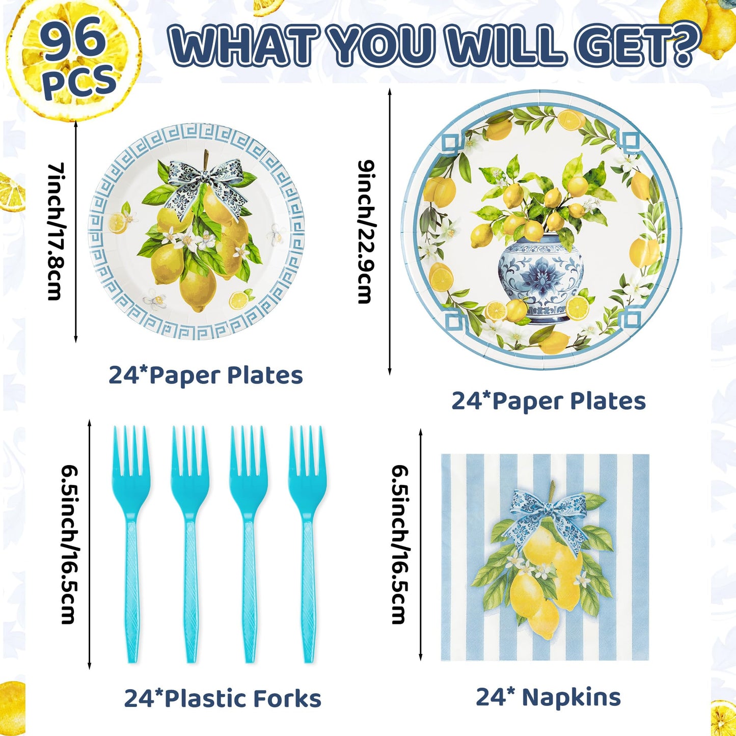 G1ngtar 96Pcs Chinoiserie Vase Lemon Party Plates Supplies Capri Lemon Blue White Vase Tableware Decorations Disposable Paper Plates Napkins Forks for Birthday Summer Party Wedding, Serves 24