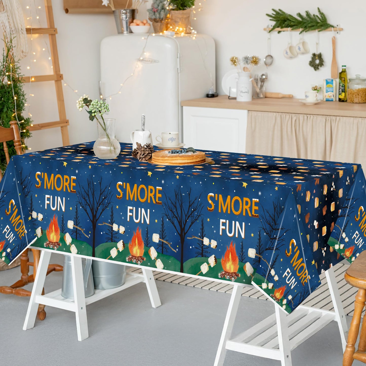 G1ngtar 3Pcs S’Mores Camping Love Fun Party Tablecloths Disposable Plastic Waterproof Rectangular Table Covers Camp Night Campfire Christmas Baby Shower Party Decoration Supplies, 86.6"x51.2"