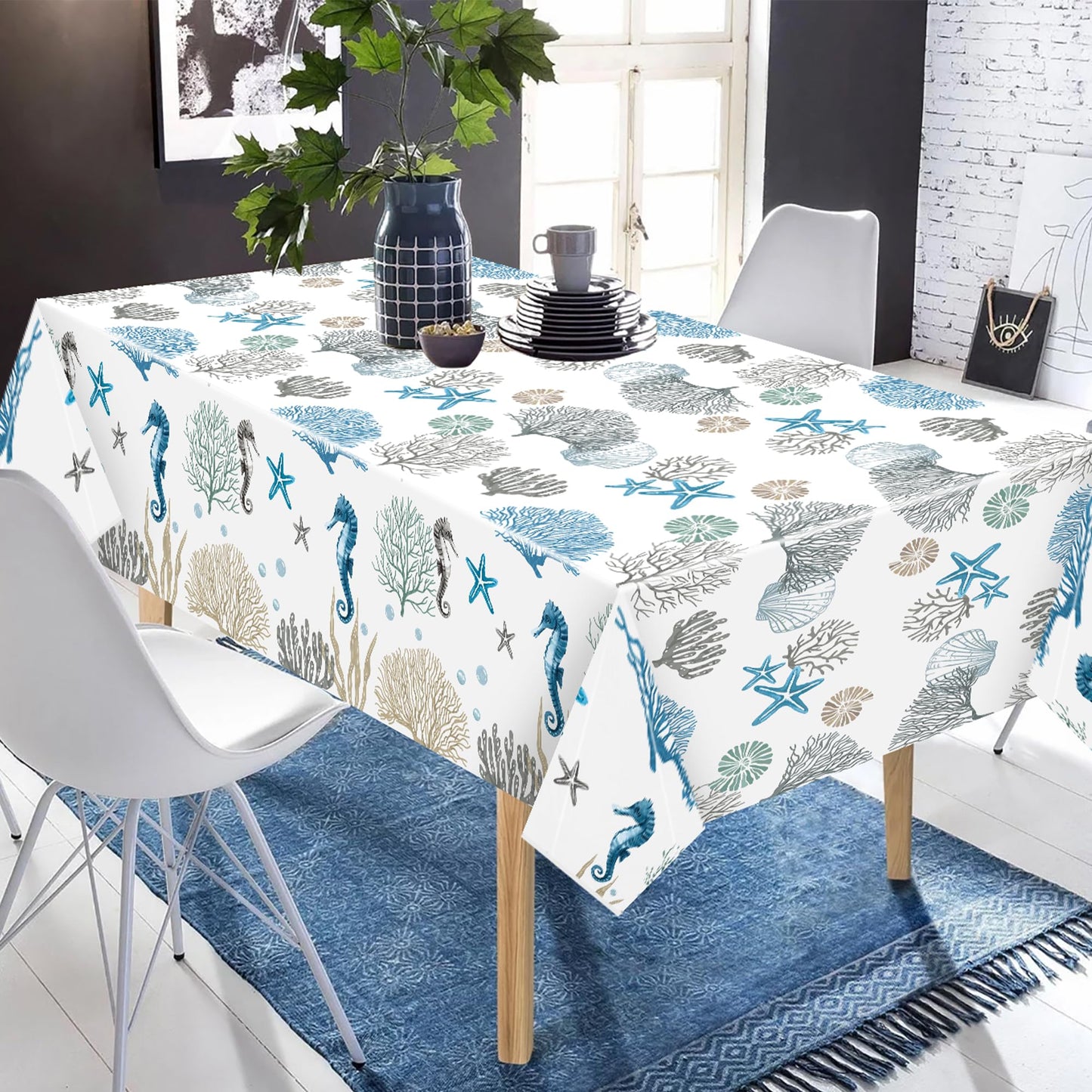 G1ngtar 3Pcs Ocean Seashell Coastal Beach Party Tablecloths Disposable Plastic Waterproof Rectangular Table Covers Summer Starfish Coral Baby Shower Party Decorations Supplies, 86.6"x51.2"