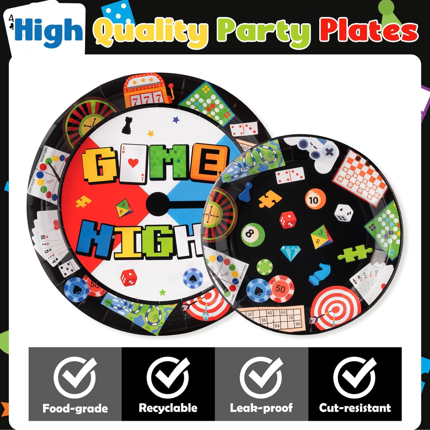 G1ngtar 96Pcs Family Game Night Gaming on Video Game Chess Card Party Plates Supplies - Party Tableware Decorations Disposable Paper Plates Napkins Forks for Birthday Family Gamer, Serves 24 Guest