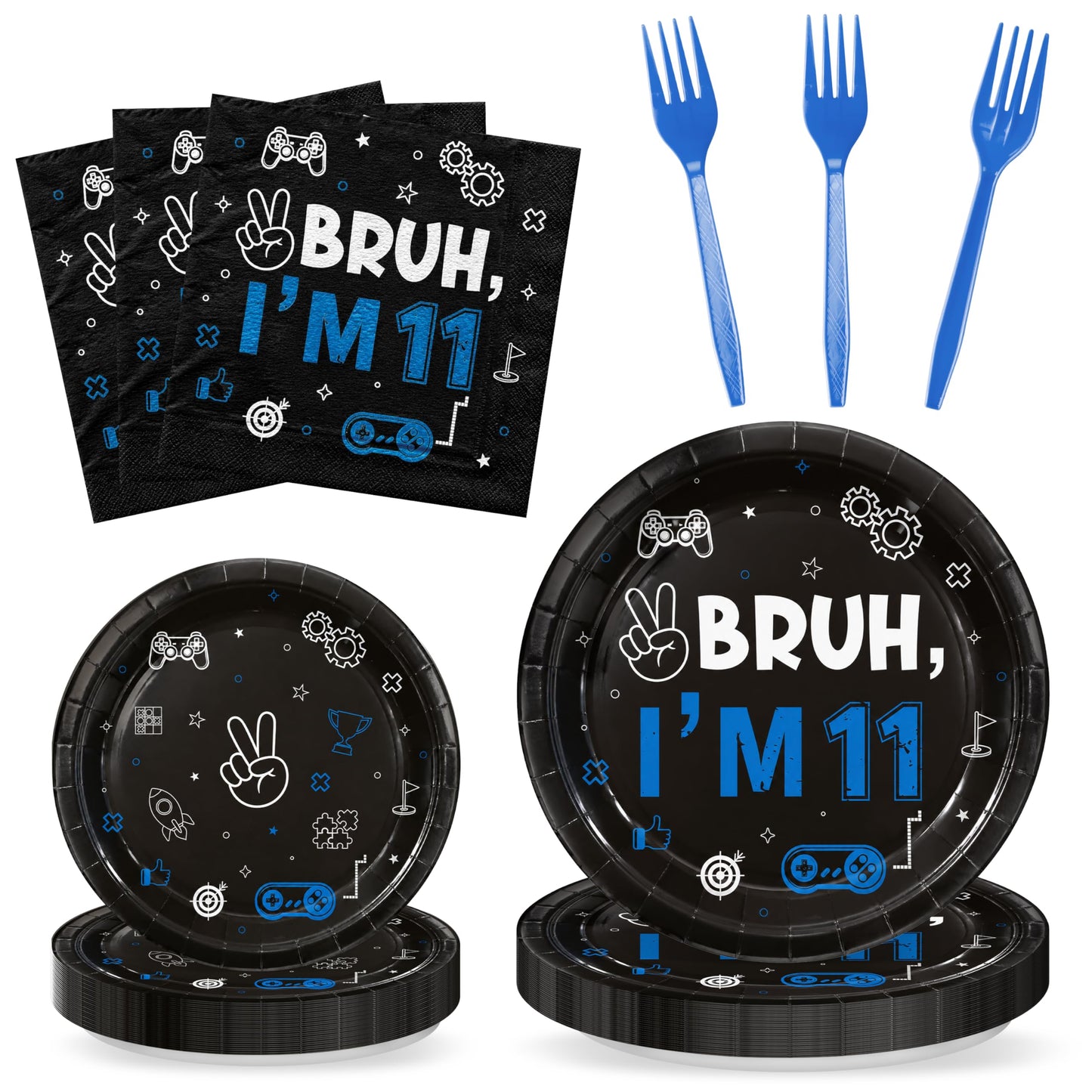 G1ngtar 96Pcs 11th Birthday Party Plates Supplies Bruh I’m 11 Years Old Blue Black Tableware Decorations Disposable Paper Plates Napkins Forks for Boys Girls Teenager Birthday Party, Serves 24