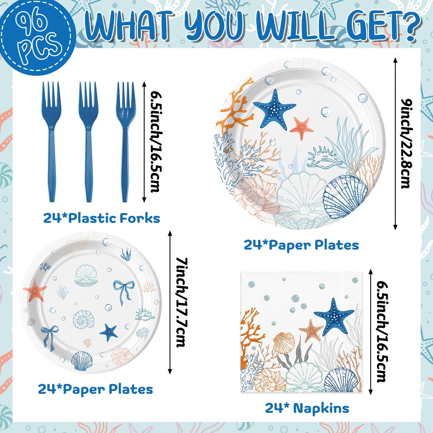 G1ngtar 96Pcs Ocean Seashell Starfish Coral Beach Party Plates Supplies