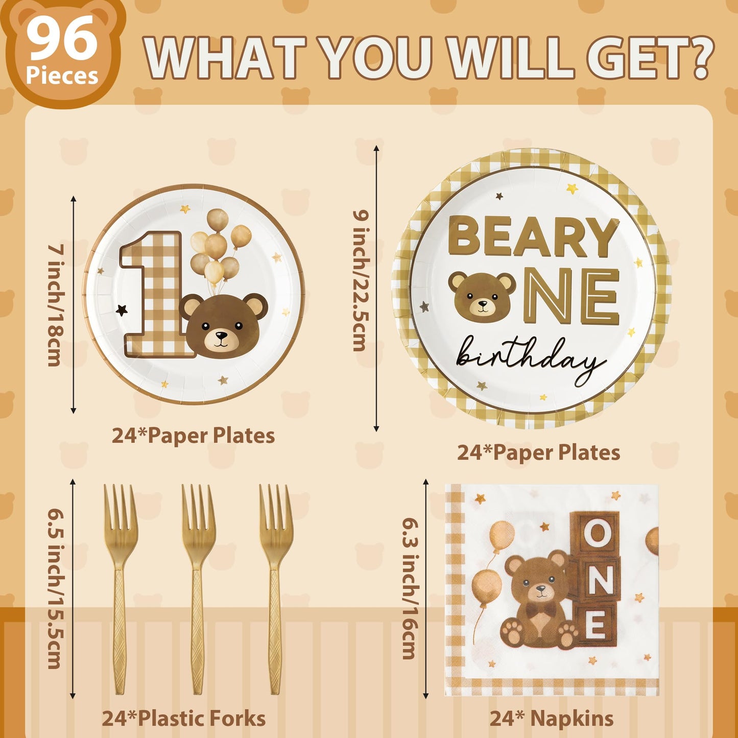 G1ngtar 96Pcs Beary One First 1st Year Brown Birthday Party Plates Supplies - Party Tableware Decorations Disposable Paper Plates Napkins Forks for Birthday Gender Reveal Baby Shower, Serves 24