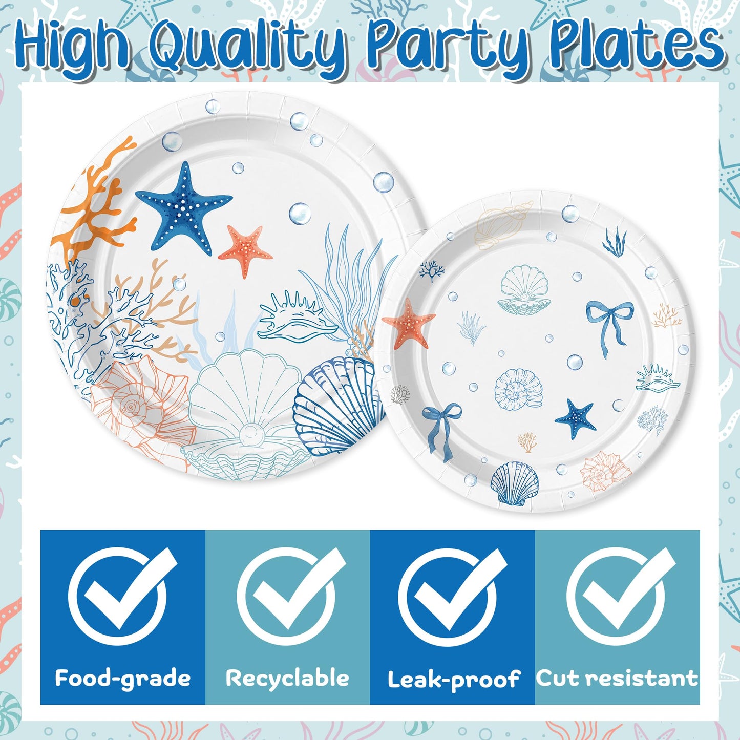 G1ngtar 96Pcs Ocean Seashell Starfish Coral Beach Party Plates Supplies