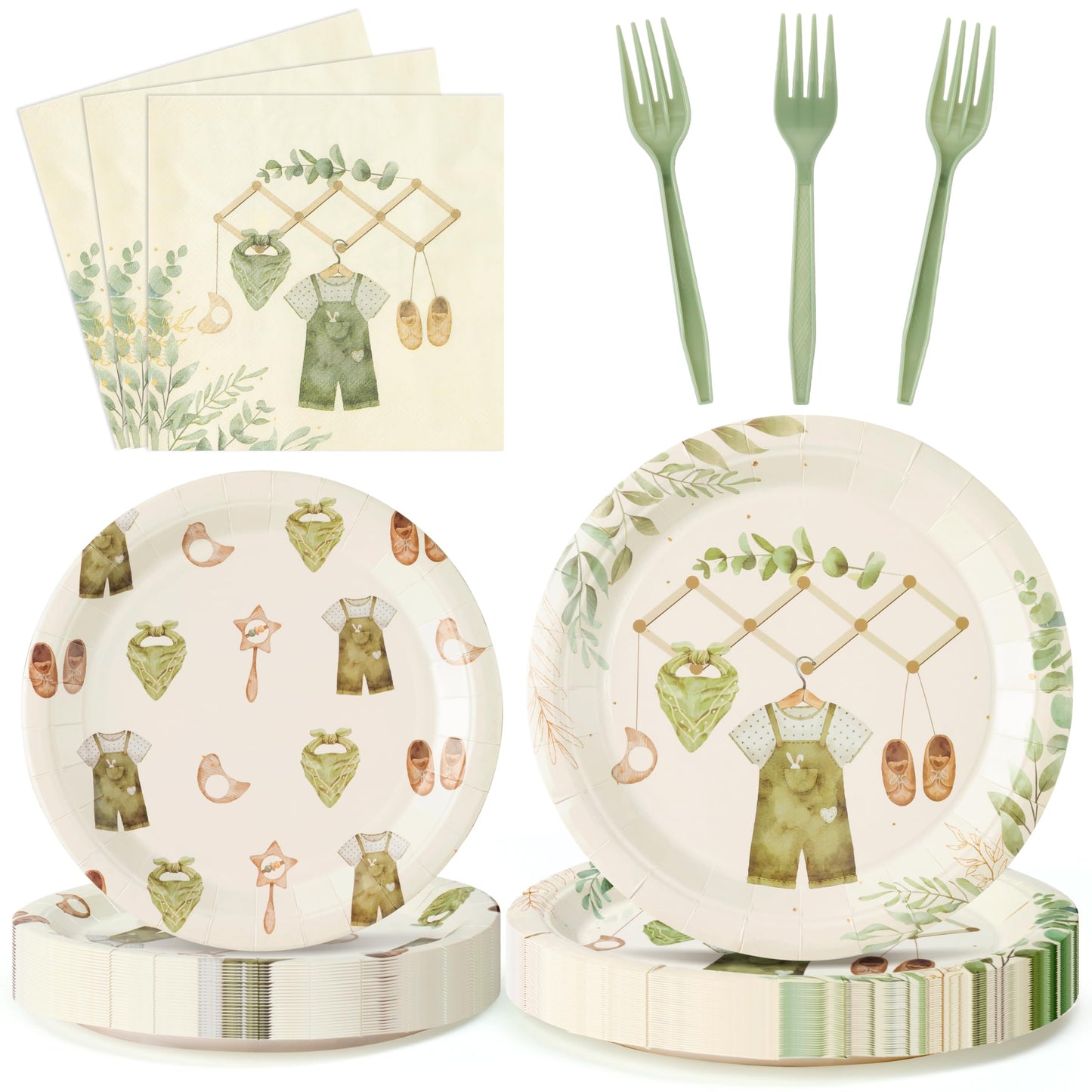 G1ngtar 96Pcs Sage Green Eucalyptus Baby Shower Party Plates Supplies Greenery Leaves Baby Boy Tableware Decorations Disposable Paper Plates Napkins Forks for Kids Birthday Gender Reveal, Serves 24