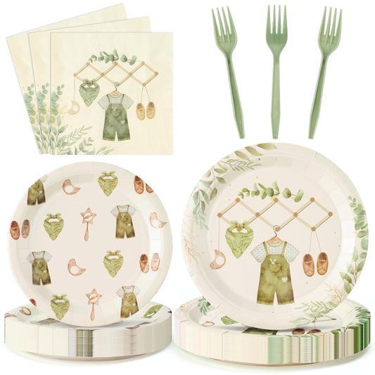 G1ngtar 96Pcs Sage Green Eucalyptus Baby Shower Party Plates Supplies Greenery Leaves Baby Boy Tableware Decorations Disposable Paper Plates Napkins Forks for Kids Birthday Gender Reveal, Serves 24