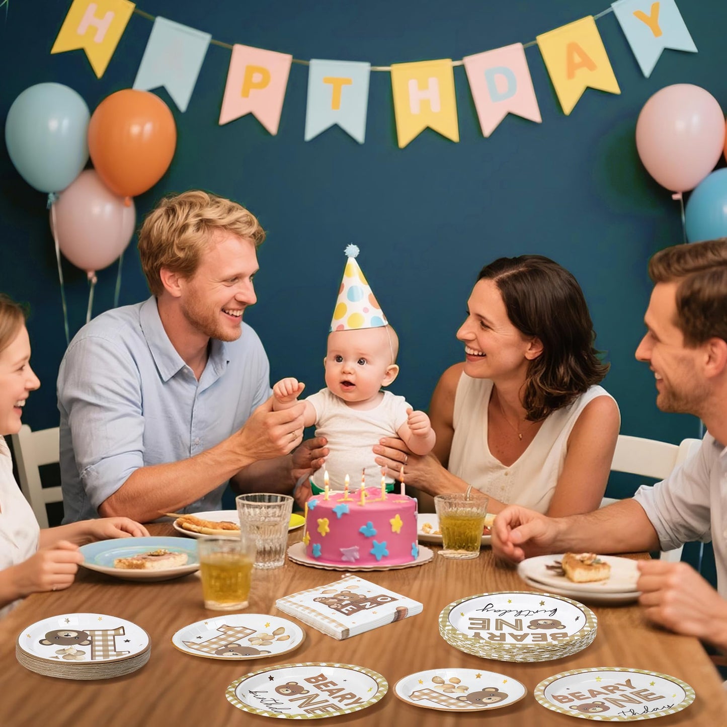 G1ngtar 96Pcs Beary One First 1st Year Brown Birthday Party Plates Supplies - Party Tableware Decorations Disposable Paper Plates Napkins Forks for Birthday Gender Reveal Baby Shower, Serves 24