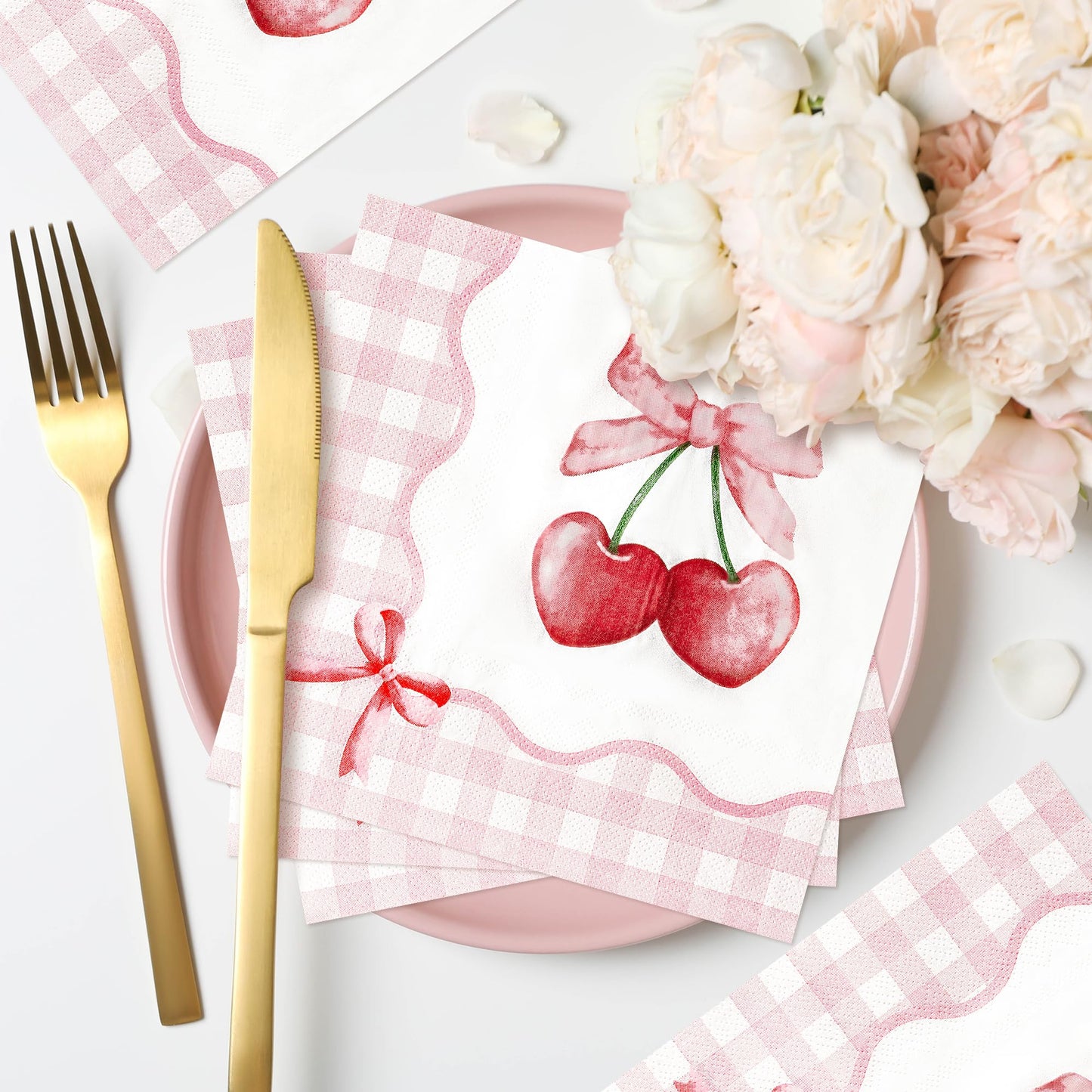 G1ngtar Coquette Pink Bow Paper Napkins - 48Pcs Bow Cherry Party Decoration Cute Paper Napkin Set Disposable Party Supplies Decor for Girls Bachelorette Bridal Engagement Birthday (6.3 Inches)
