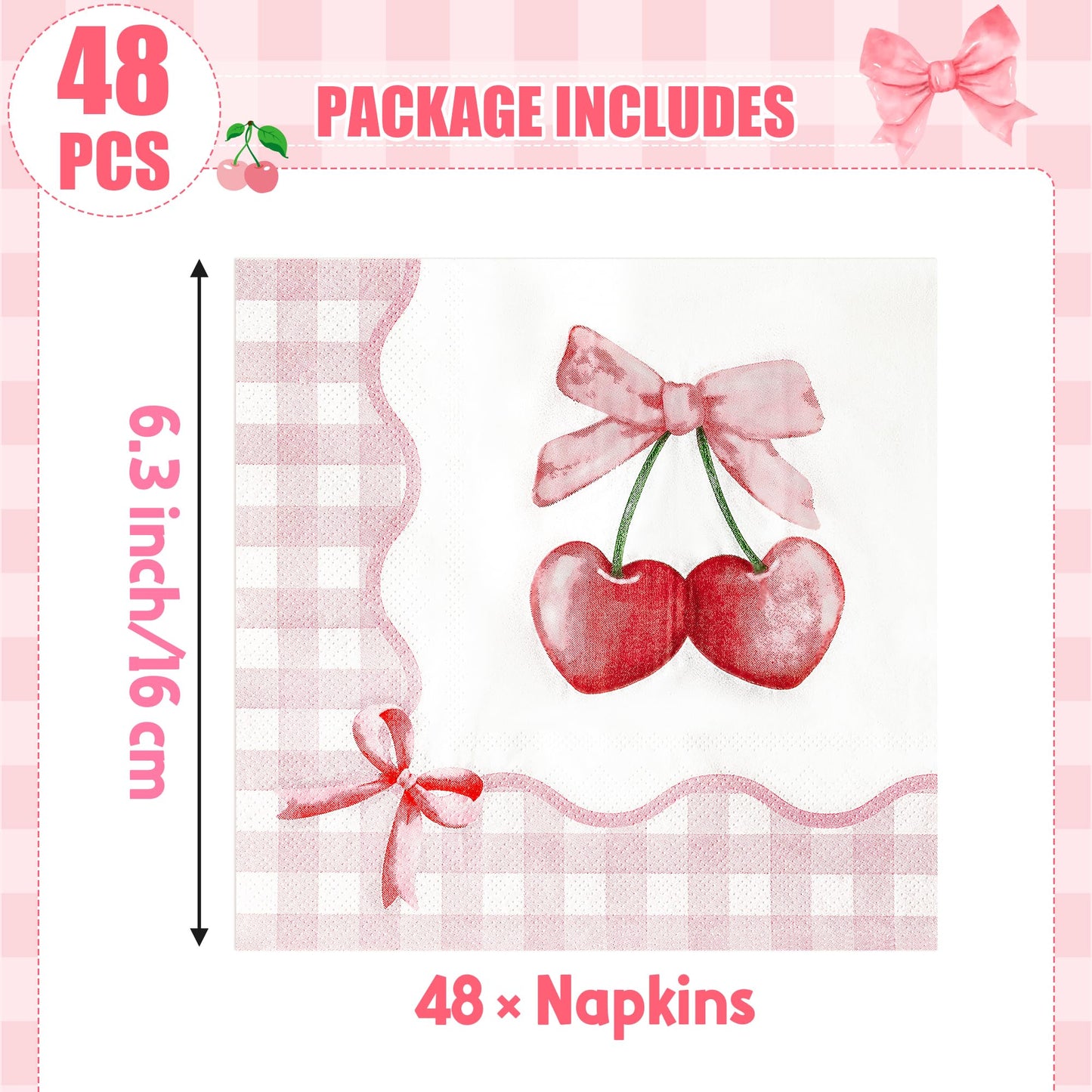 G1ngtar Coquette Pink Bow Paper Napkins - 48Pcs Bow Cherry Party Decoration Cute Paper Napkin Set Disposable Party Supplies Decor for Girls Bachelorette Bridal Engagement Birthday (6.3 Inches)