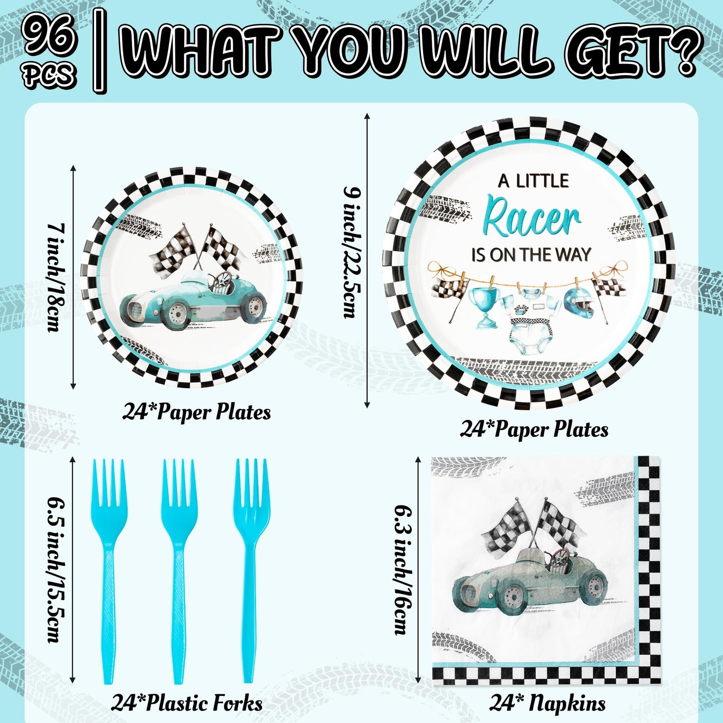 G1ngtar 96Pcs Race Car Baby Shower Party Plates Supplies A Little Racer Is On The Way Racing Car Party Tableware Decorations Disposable Paper Plates Napkins Forks for Kids Birthday, Serves 24