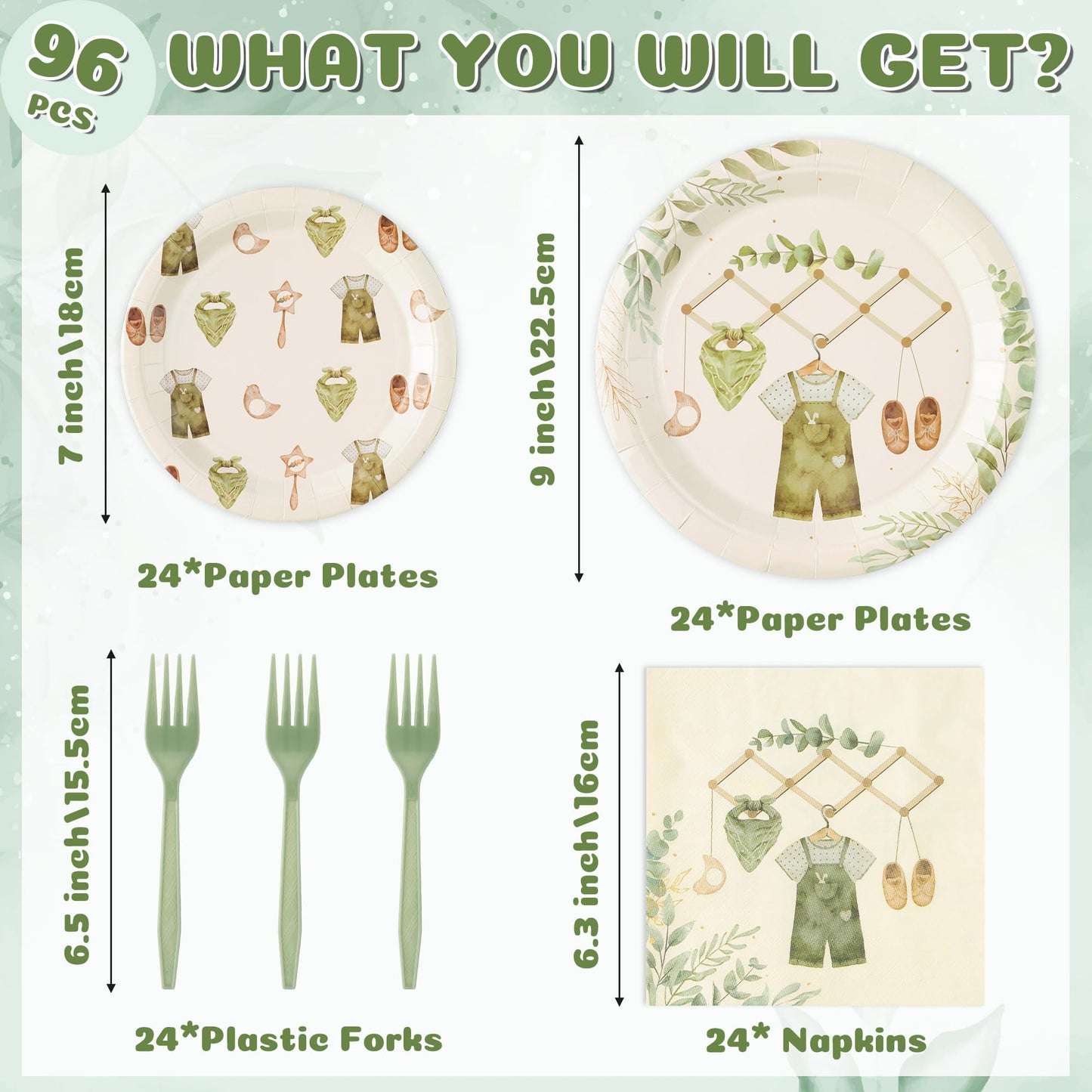 G1ngtar 96Pcs Sage Green Eucalyptus Baby Shower Party Plates Supplies Greenery Leaves Baby Boy Tableware Decorations Disposable Paper Plates Napkins Forks for Kids Birthday Gender Reveal, Serves 24