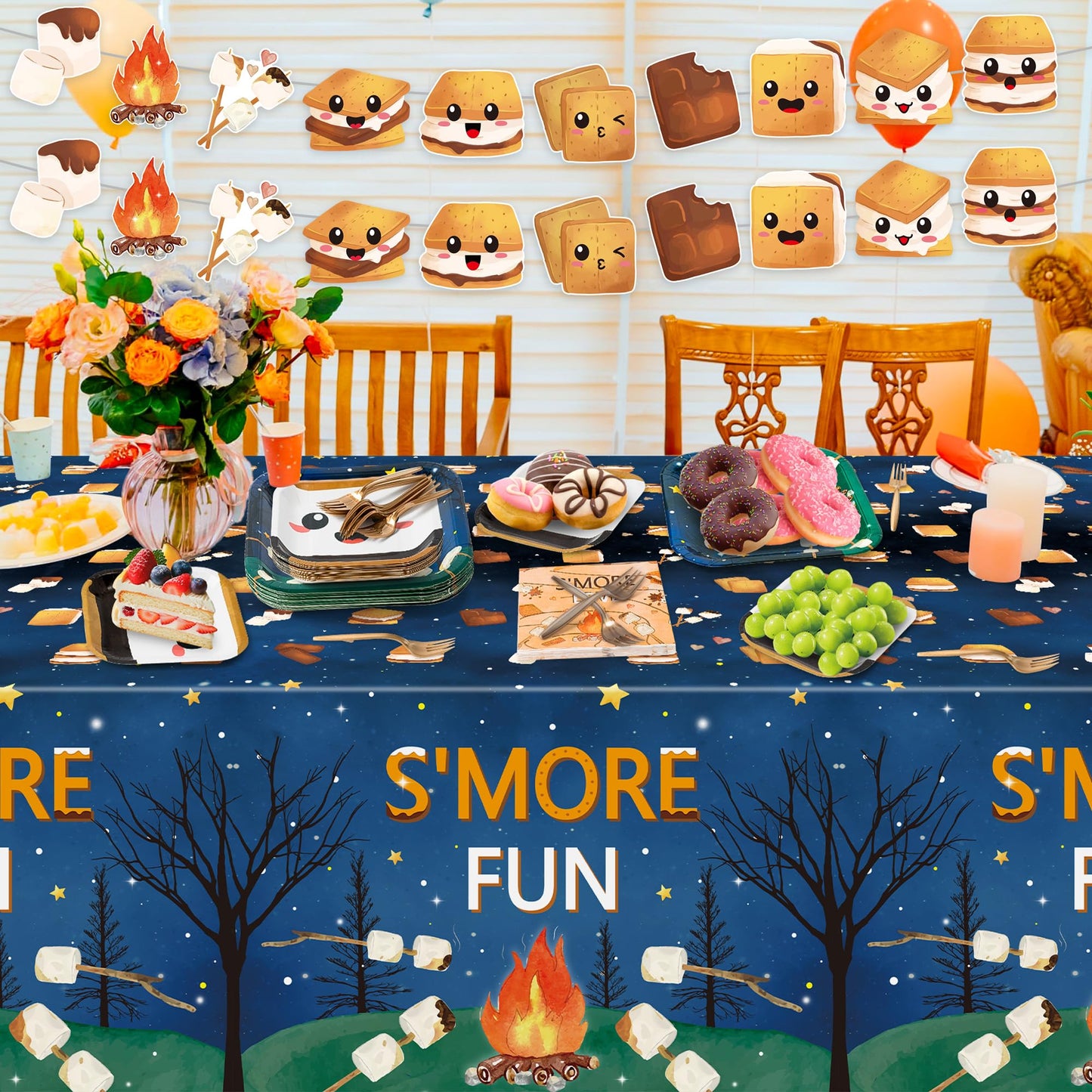G1ngtar 3Pcs S’Mores Camping Love Fun Party Tablecloths Disposable Plastic Waterproof Rectangular Table Covers Camp Night Campfire Christmas Baby Shower Party Decoration Supplies, 86.6"x51.2"