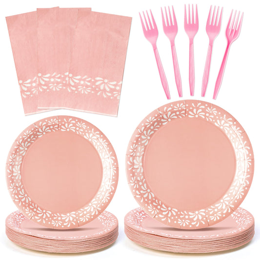 G1ngtar 96Pcs Pink Platos De Barro Mexicanos Cielito Lindo Terracotta Clay Party Plates Supplies Tableware Decorations Disposable Paper Plates Napkins Forks for Birthday Baby Shower, Serves 24