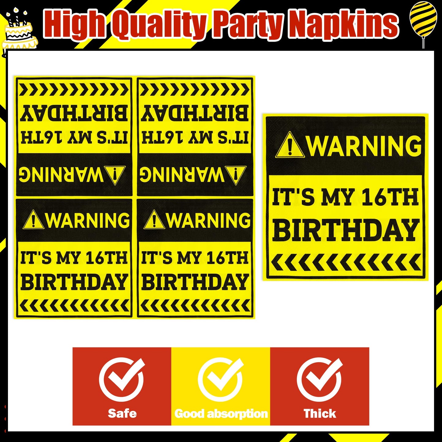 G1ngtar 16th Birthday Themed Paper Napkins - 48Pcs Warning It’s My 16th Birthday Party Decoration Sixteen Years Old Paper Napkin Set Disposable Party Supplies Decor for Teens Boy Girl (6.3 Inches)