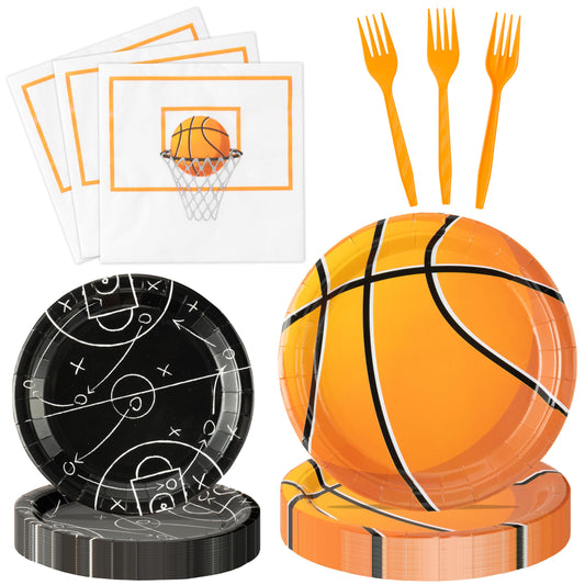 G1ngtar 96Pcs Basketball Party Plates Supplies Sports Theme Tableware Decorations Disposable Paper Plates Napkins Forks for Kid Birthday, Serves 24