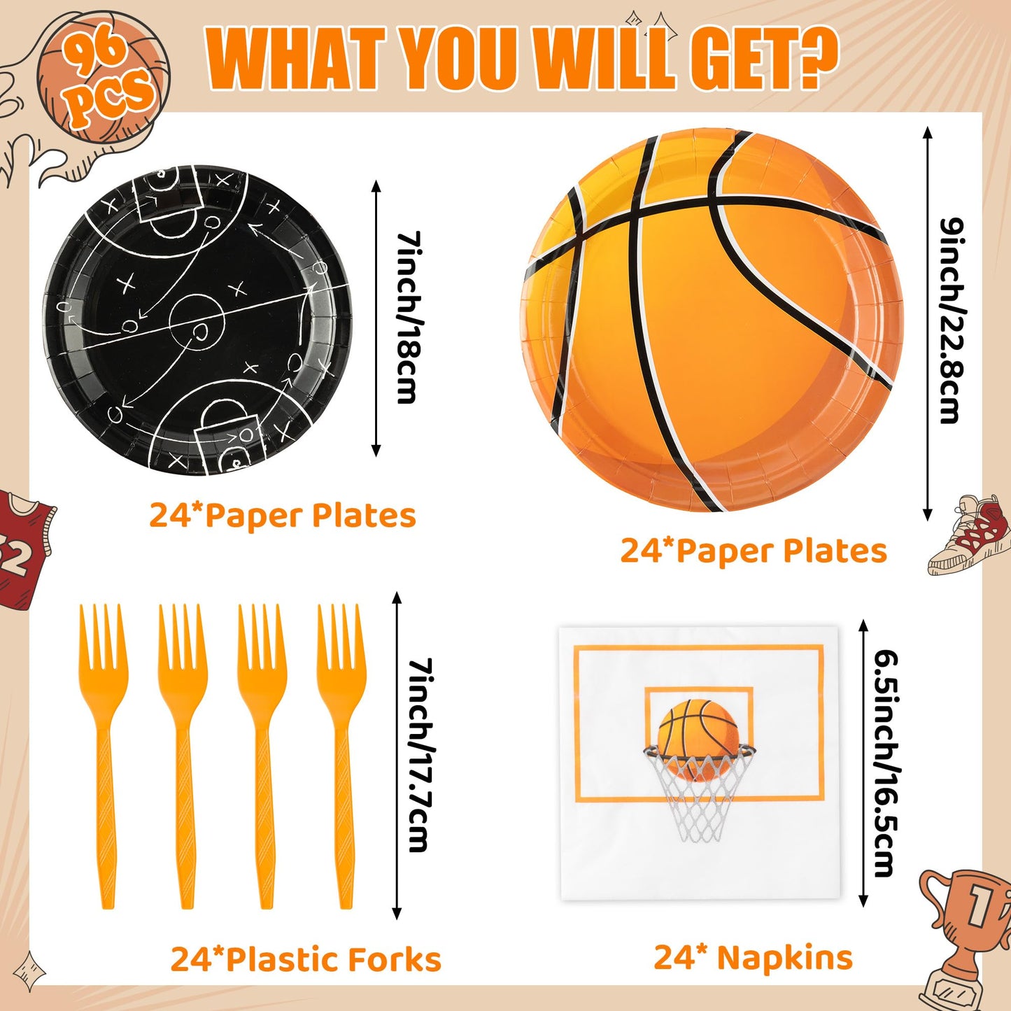 G1ngtar 96Pcs Basketball Party Plates Supplies Sports Theme Tableware Decorations Disposable Paper Plates Napkins Forks for Kid Birthday, Serves 24
